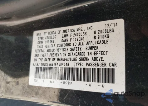 2015 Honda Accord Ex-L V-6 z USA, uszkodzony, nr VIN 1HGCT2A81FA004048